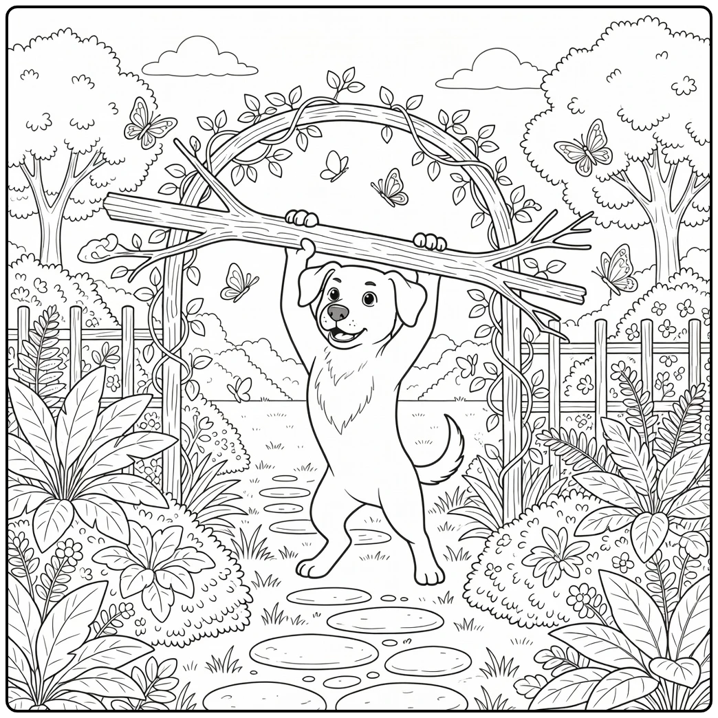 A heroic canine on a super dog coloring page lifting a tree.