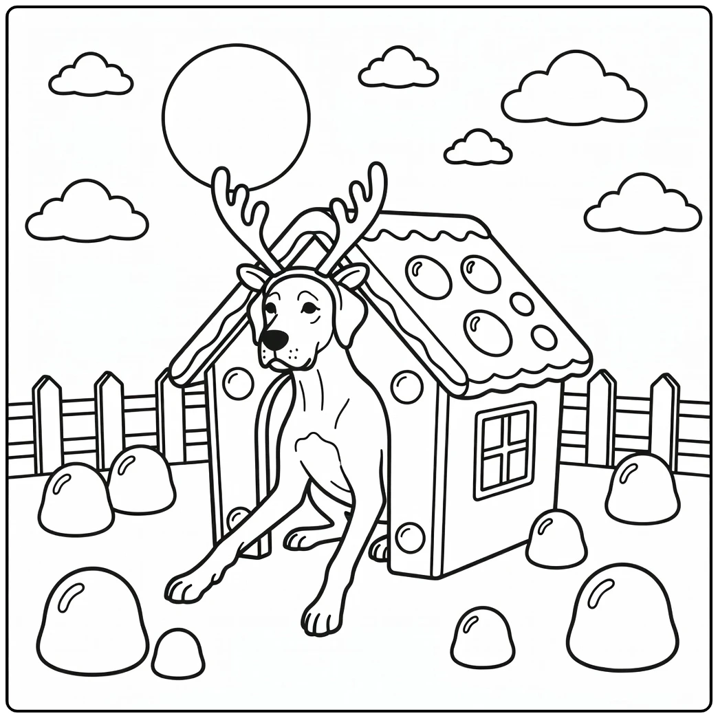 Funny Great Dane in gingerbread doghouse, a christmas dog coloring page.