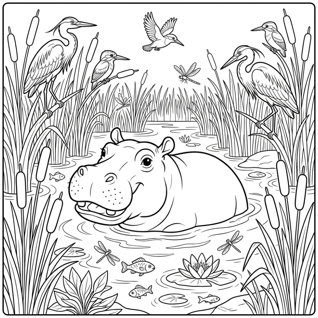 Animal coloring page of a hippo in a river with birds.