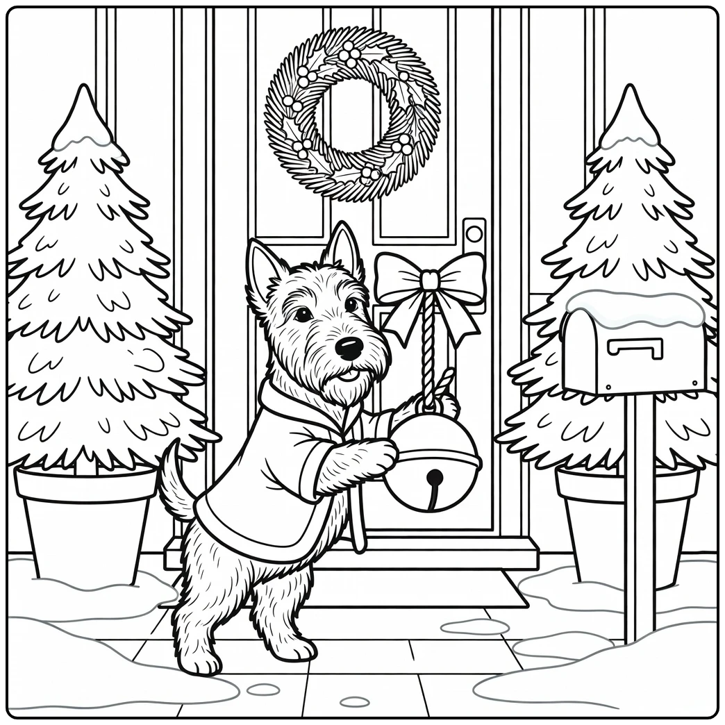 Cute Scottish Terrier on porch, christmas dog coloring page fun.