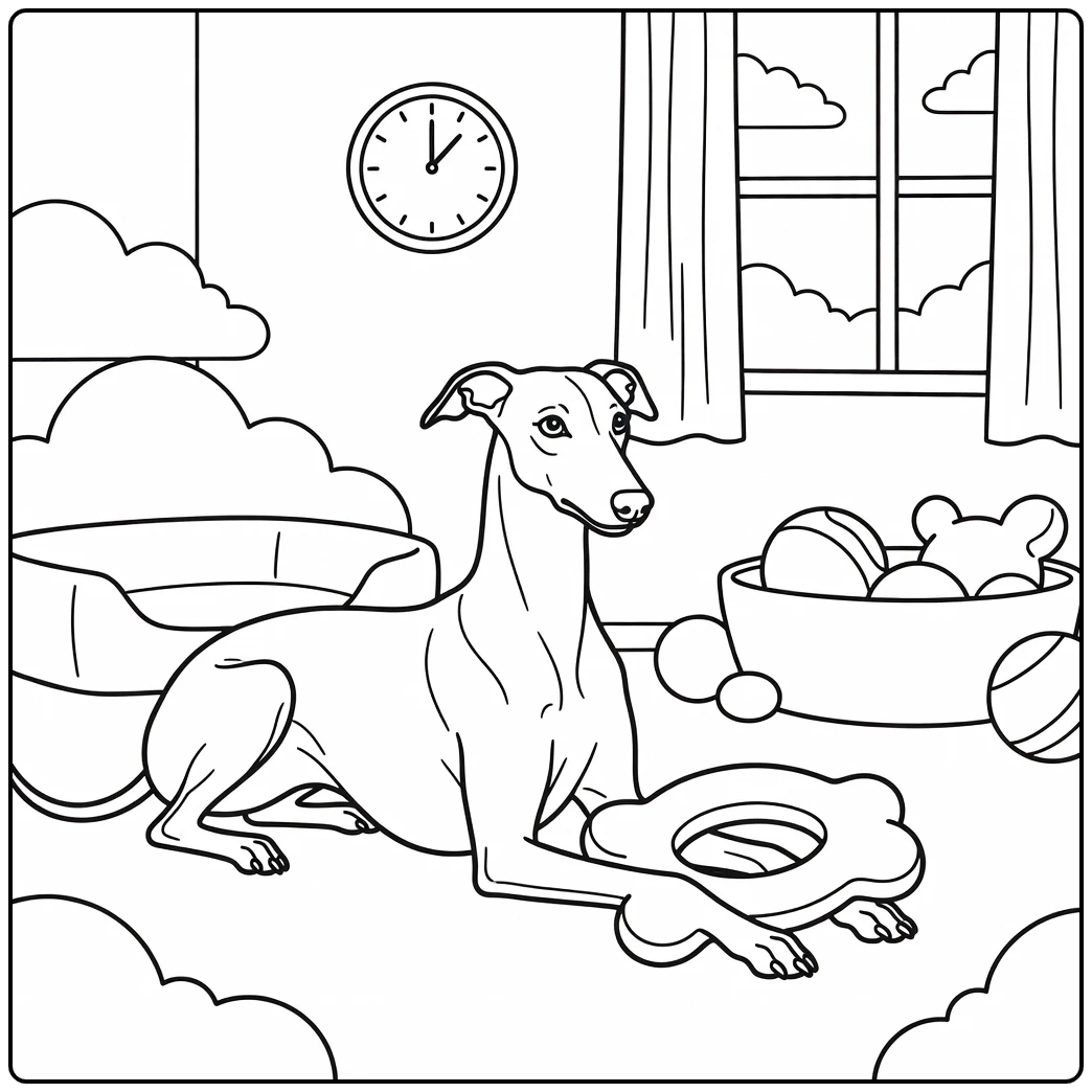 Gentle greyhound coloring page with toy, perfect for kids.