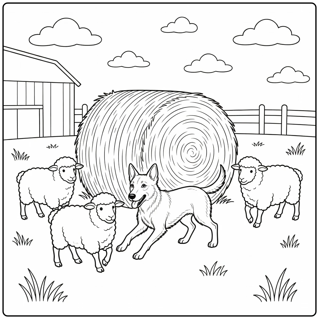 A herding dog and three sheep on a farm kelpie coloring page.