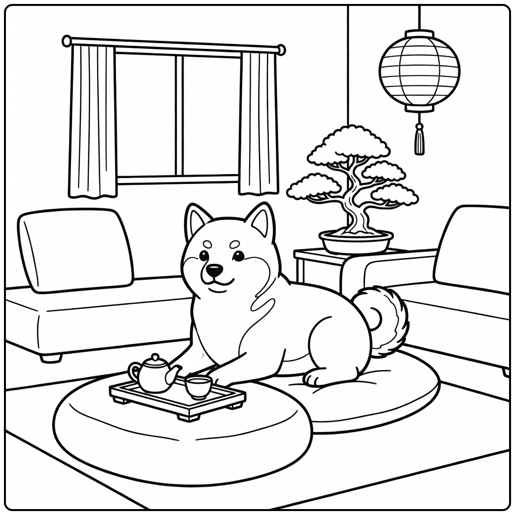 A Shiba Inu on a cushion, a cute dog coloring page.