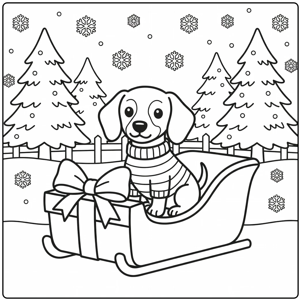 Adorable dachshund in a gift sleigh: a merry christmas dog coloring page.