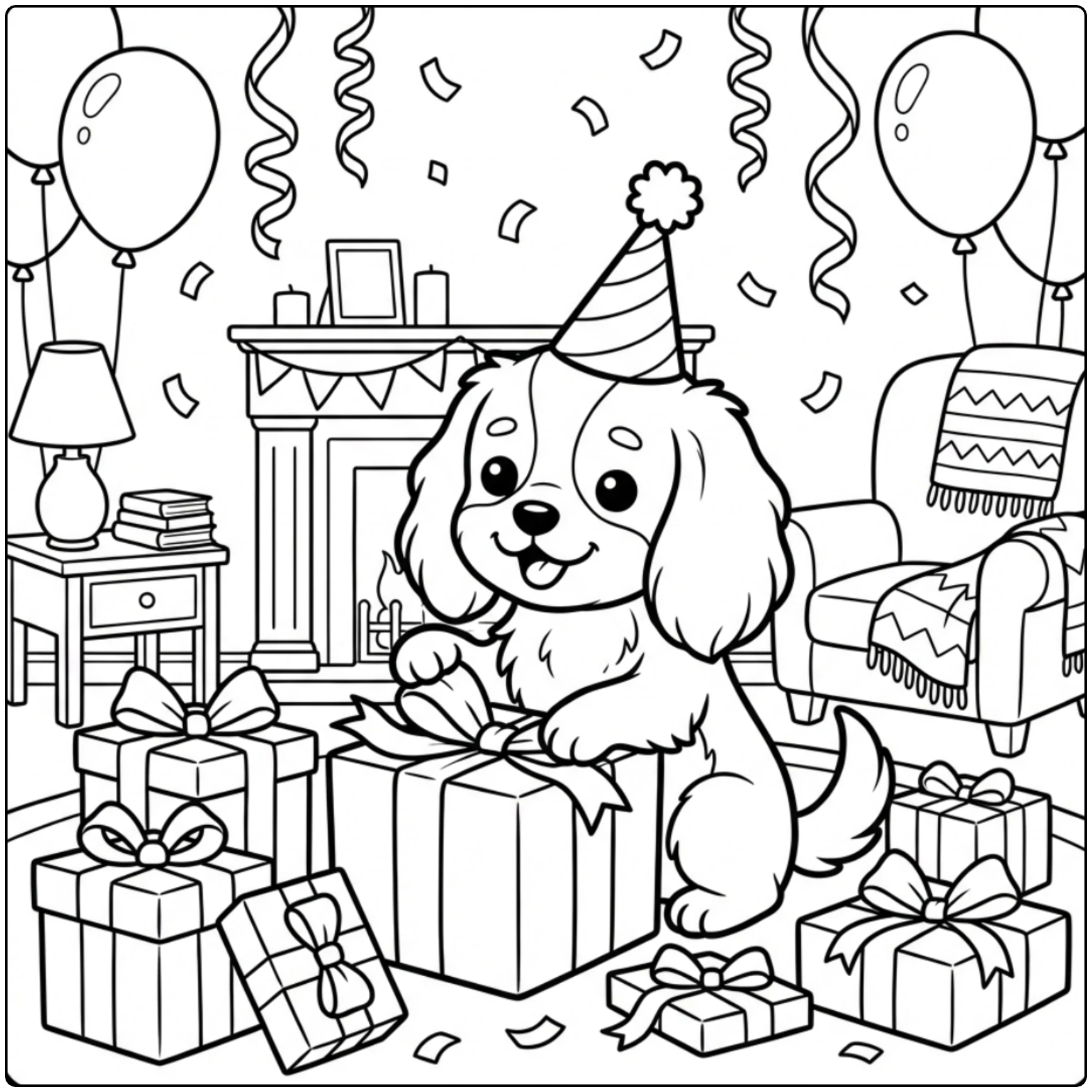Cute Cavalier King Charles Spaniel birthday coloring page.