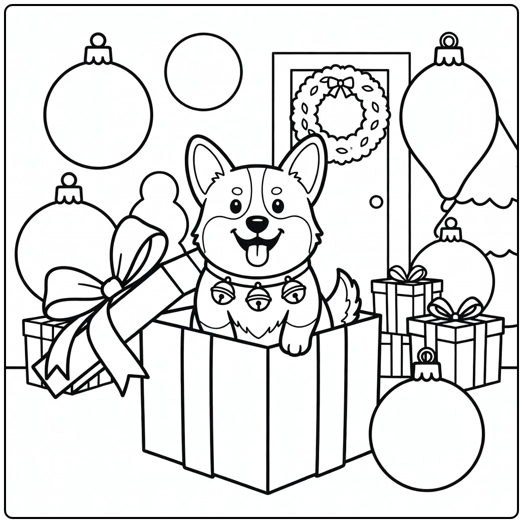 Corgi in gift box for a festive christmas dog coloring page.