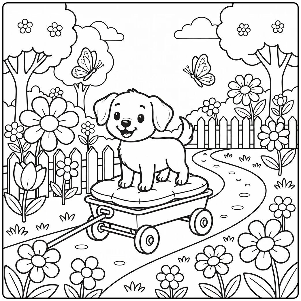 Playful cute little dog coloring page riding wagon through a garden.