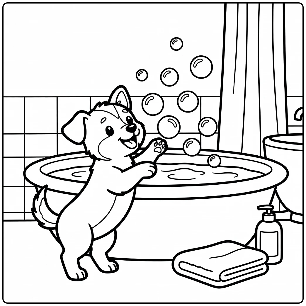Bath time fun: cute little dog coloring page with bubbles and tub