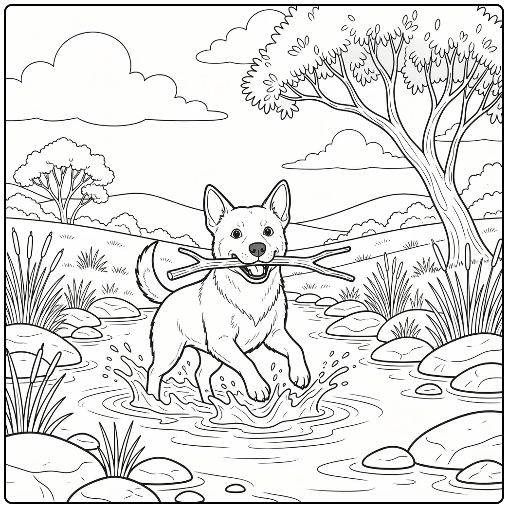 An energetic Kelpie splashing in a creek kelpie coloring page.