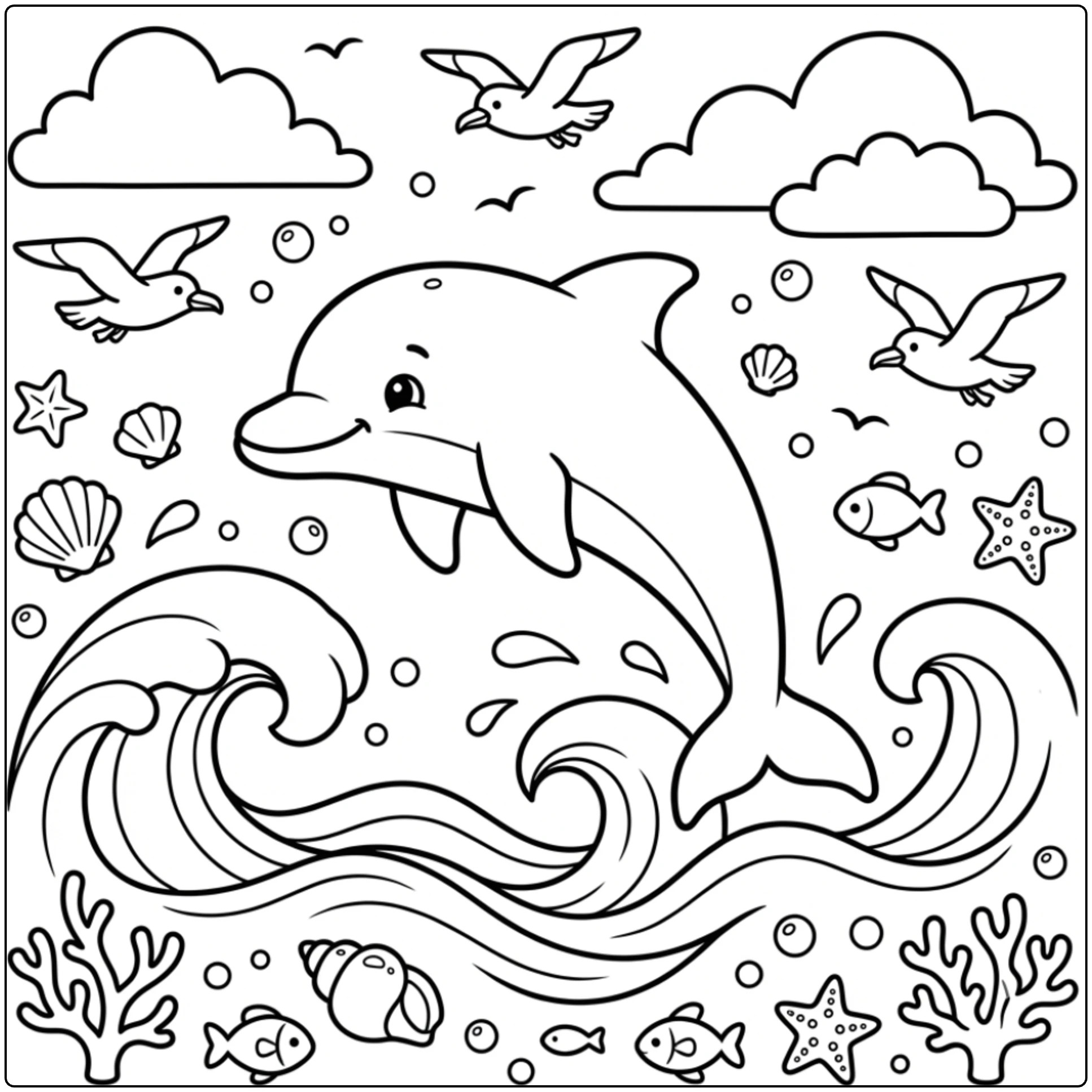 Dolphin jumping waves; a delightful Ocean Animals coloring page.