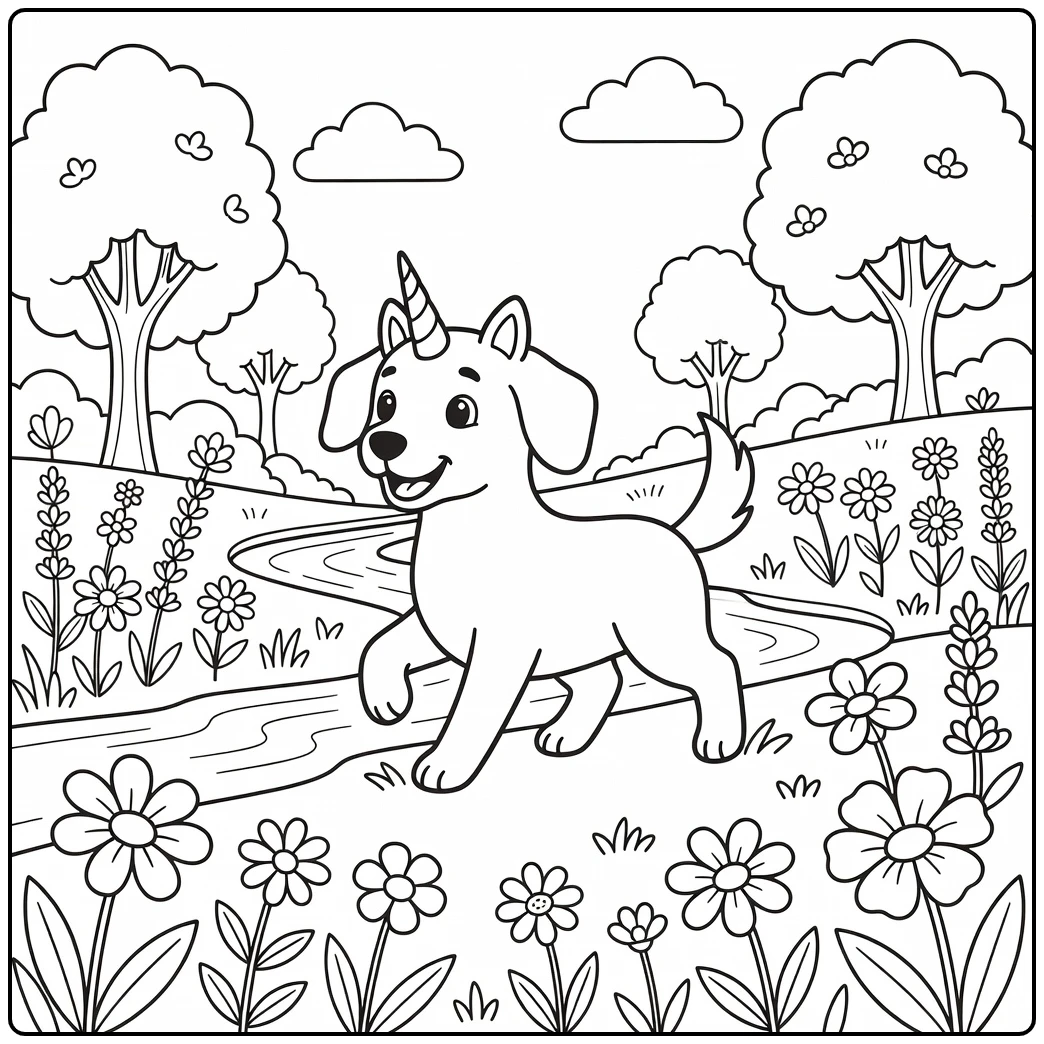 A happy unicorn dog coloring page in a sunny meadow scene.