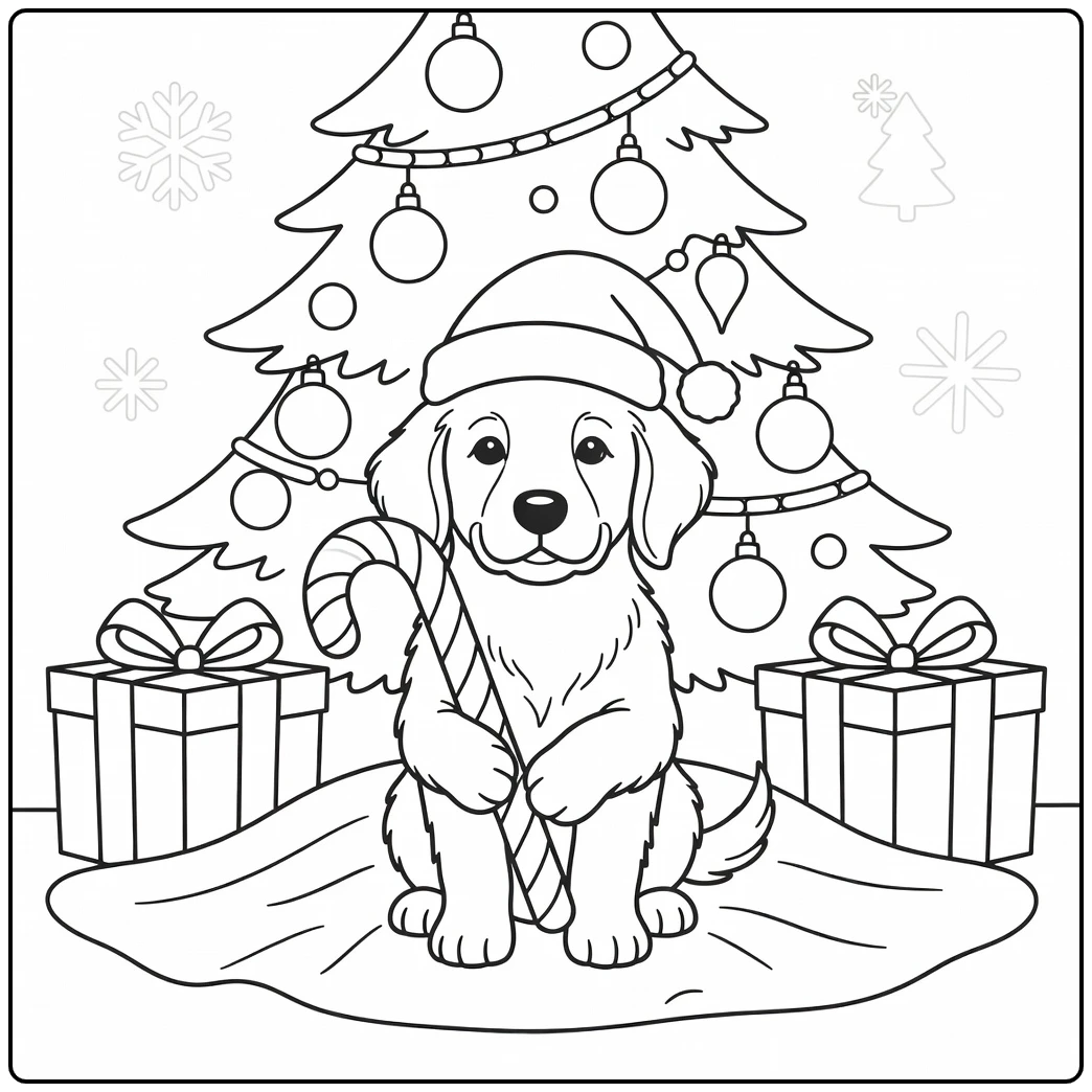 Golden retriever puppy in Santa hat, candy cane: cute christmas dog coloring page
