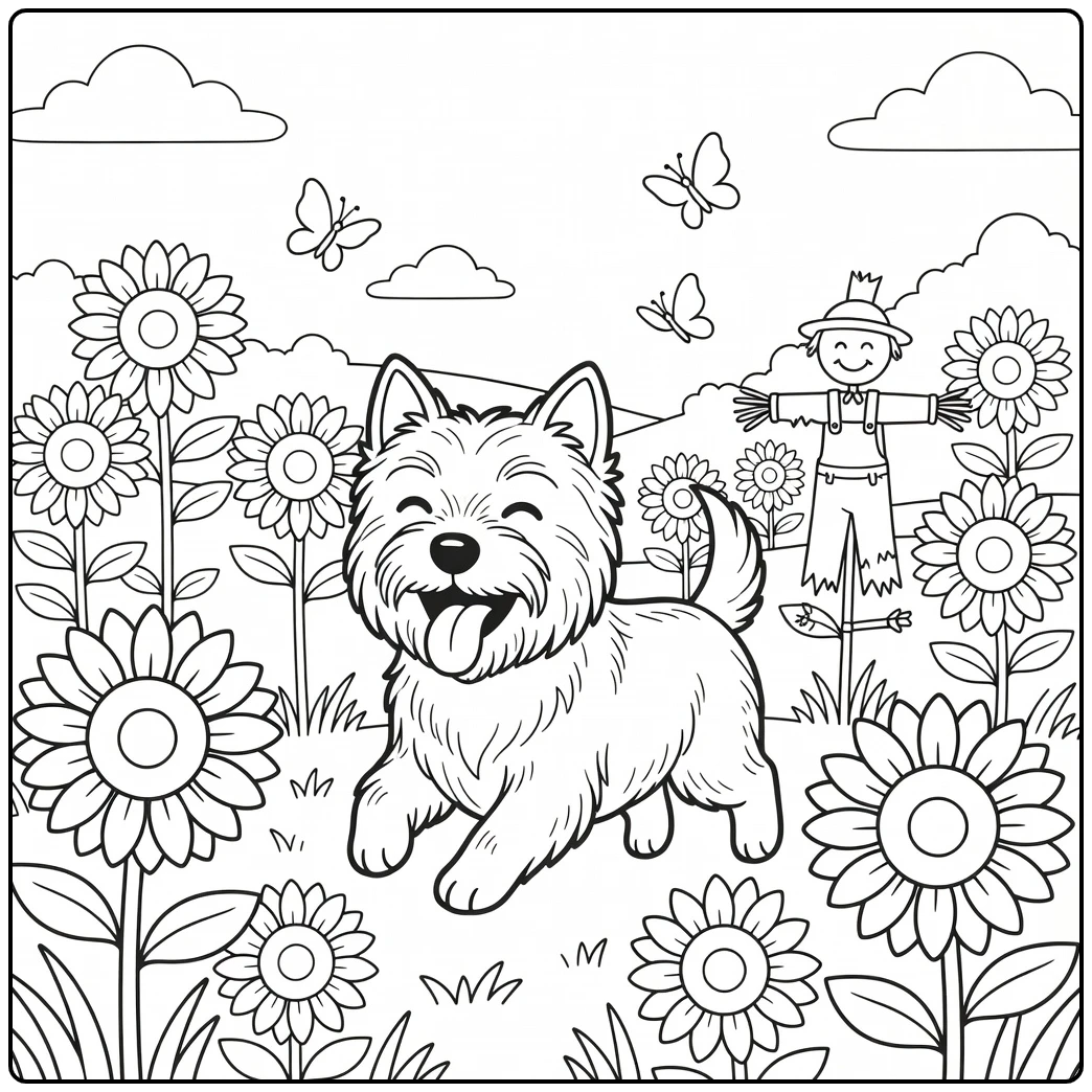 A happy cairn terrier coloring page with a dog in a sunflower field.