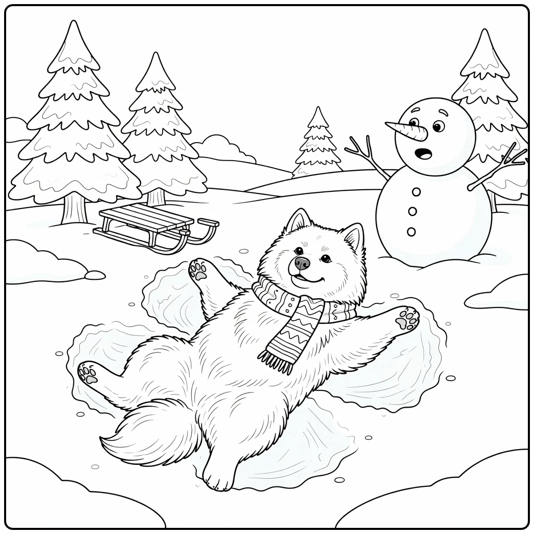 Funny Samoyed making a snow angel on a festive christmas dog coloring page