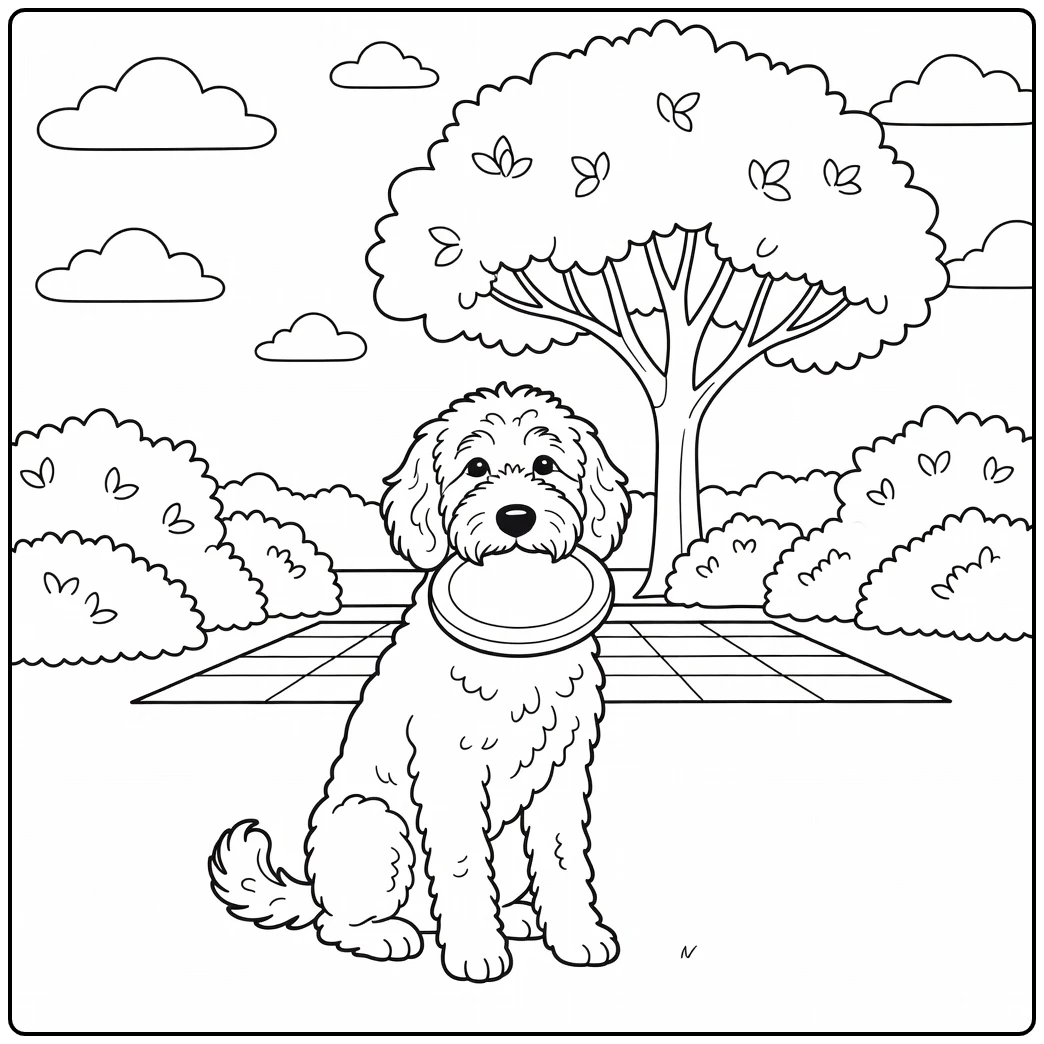 Sunny backyard playtime with happy sheepadoodle coloring page.