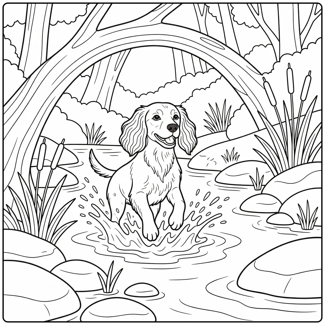 Energetic springer spaniel coloring page splashing in woodland stream.