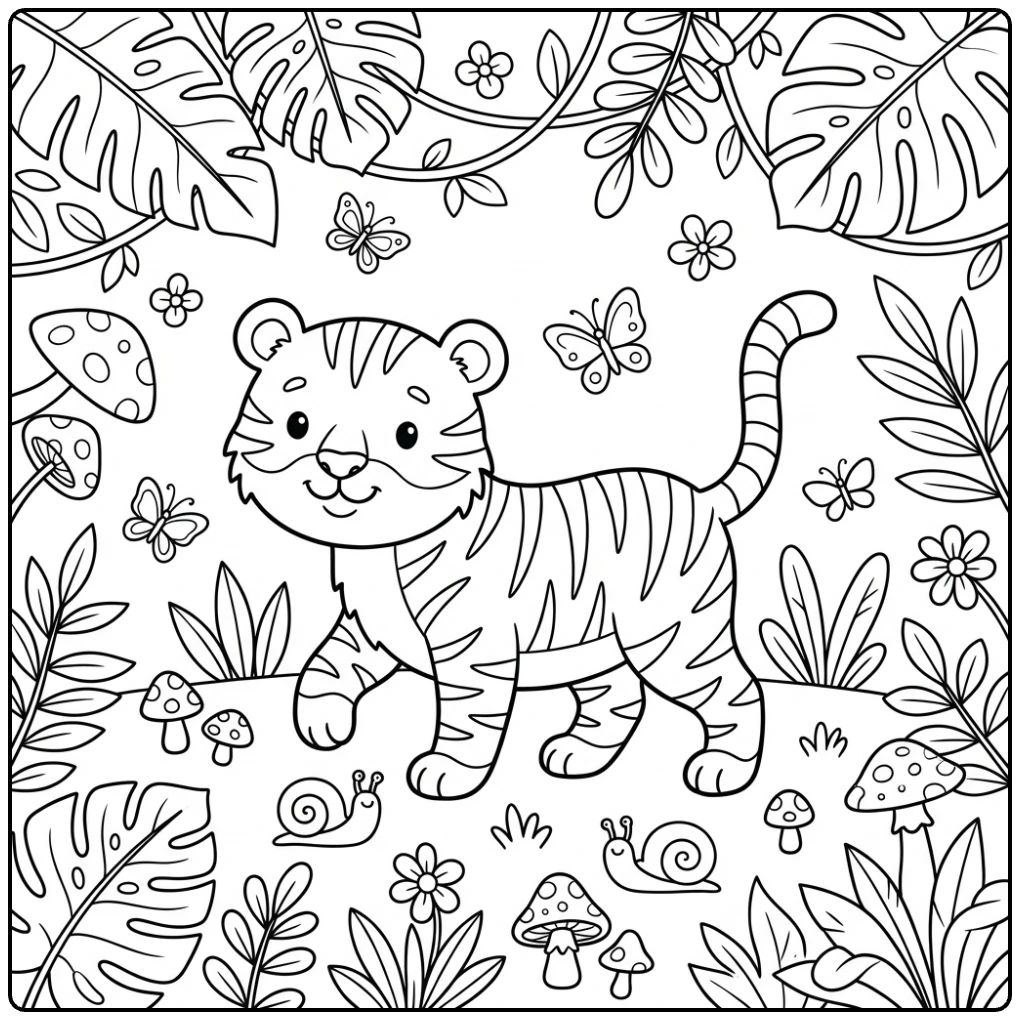 Cute striped tiger exploring jungle, a charming Wild Animals coloring page.