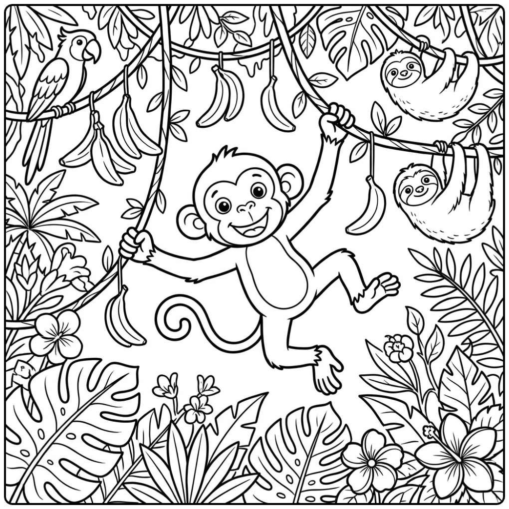 Playful monkey on vines Animal coloring page with bananas