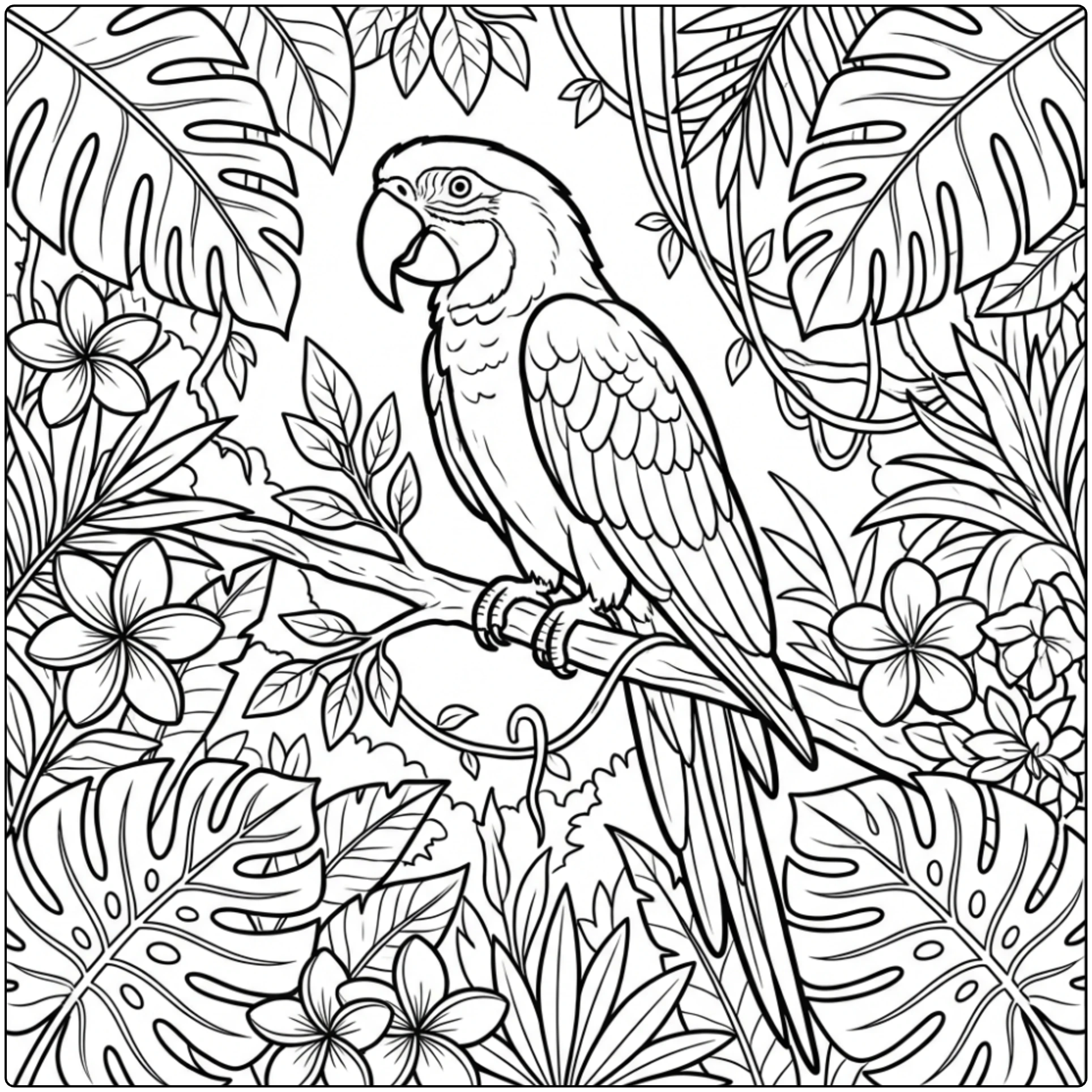 Parrot on tropical branch Animal coloring page sketch.