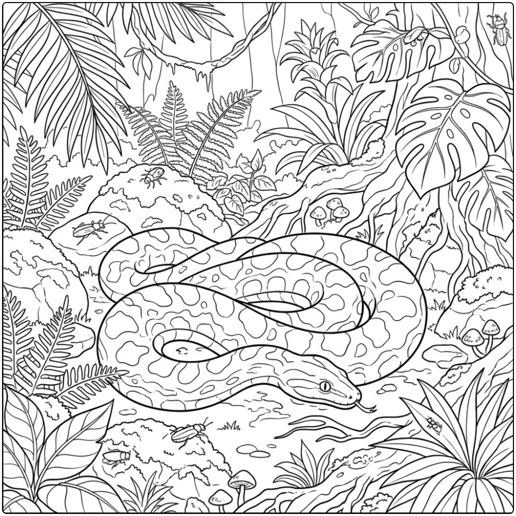 Coiled snake on rocks Animal coloring page for kids