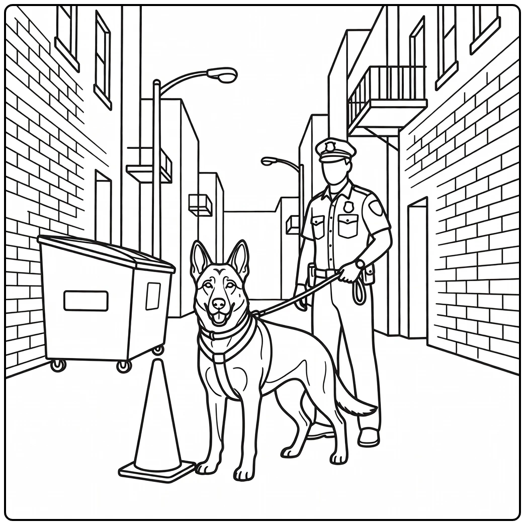 Alert K9 at a crime scene: realistic police dog coloring page.