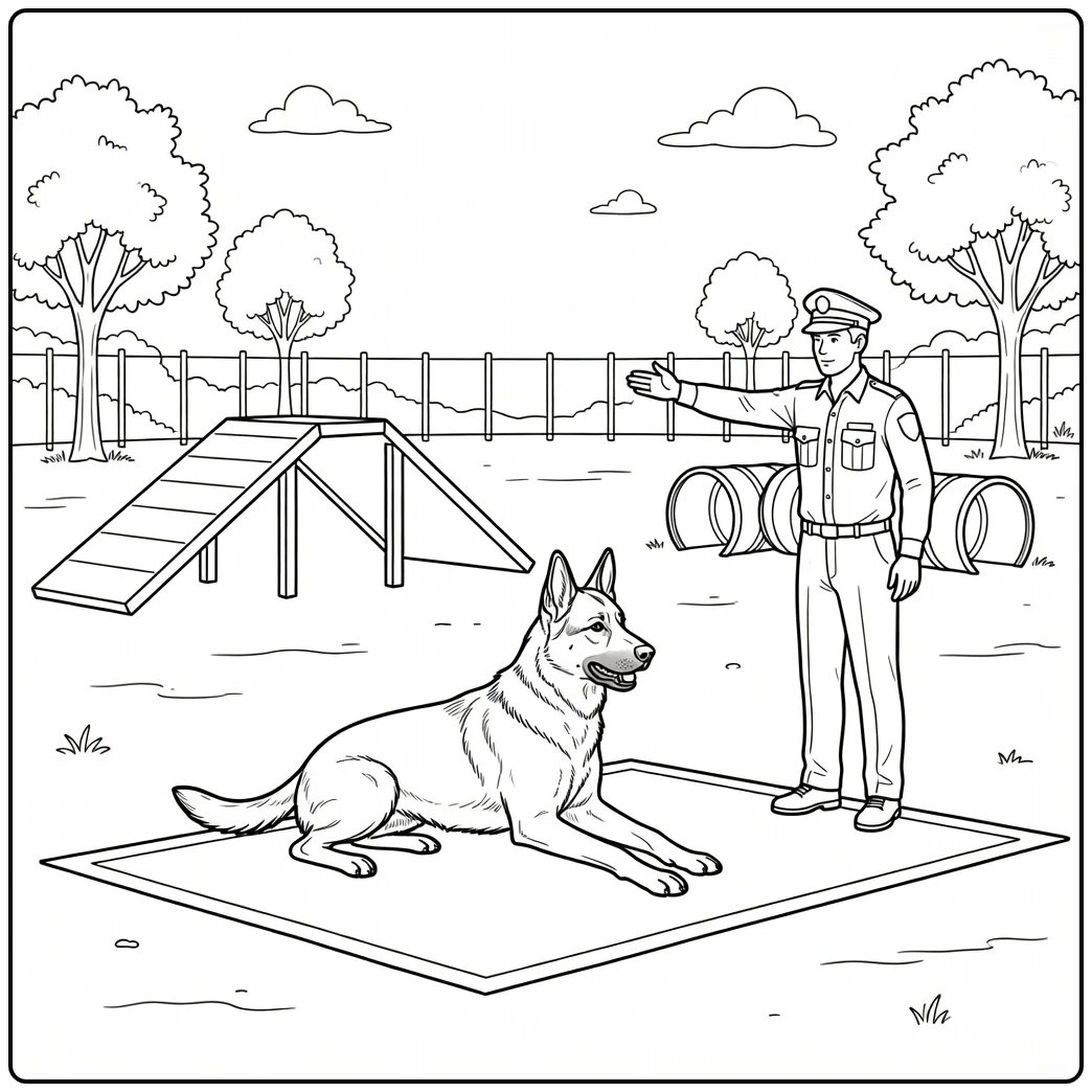 Focused K9 in down-stay during training; a realistic police dog coloring page.