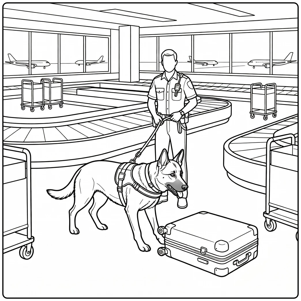 A realistic police dog coloring page showing K9 at airport security.