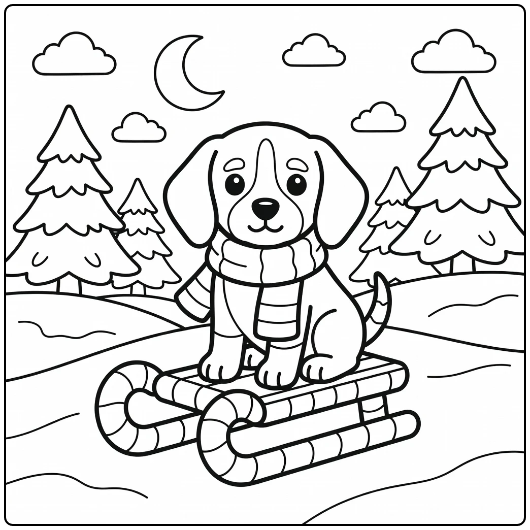 Cute Beagle puppy on candy cane sled, christmas dog coloring page.