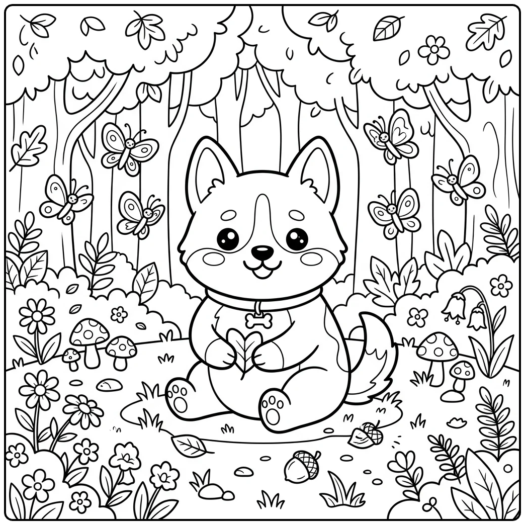 Chubby Dingo coloring page: Adorable puppy with heart leaf.