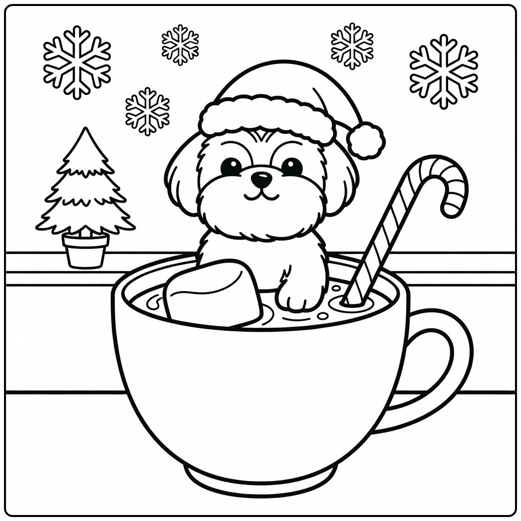Adorable Shih Tzu in a teacup for a festive christmas dog coloring page.