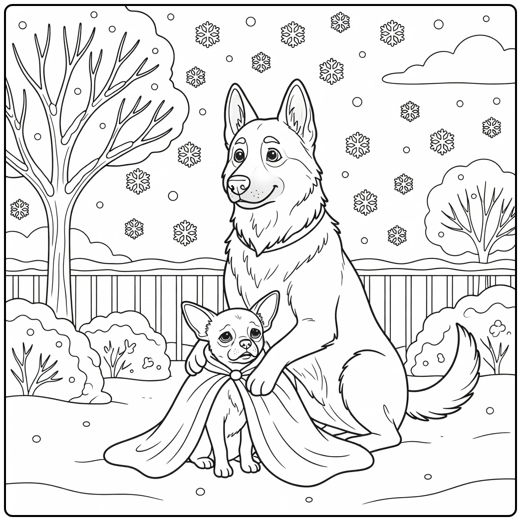 Heroic super dog coloring page with a puppy in a snowstorm.