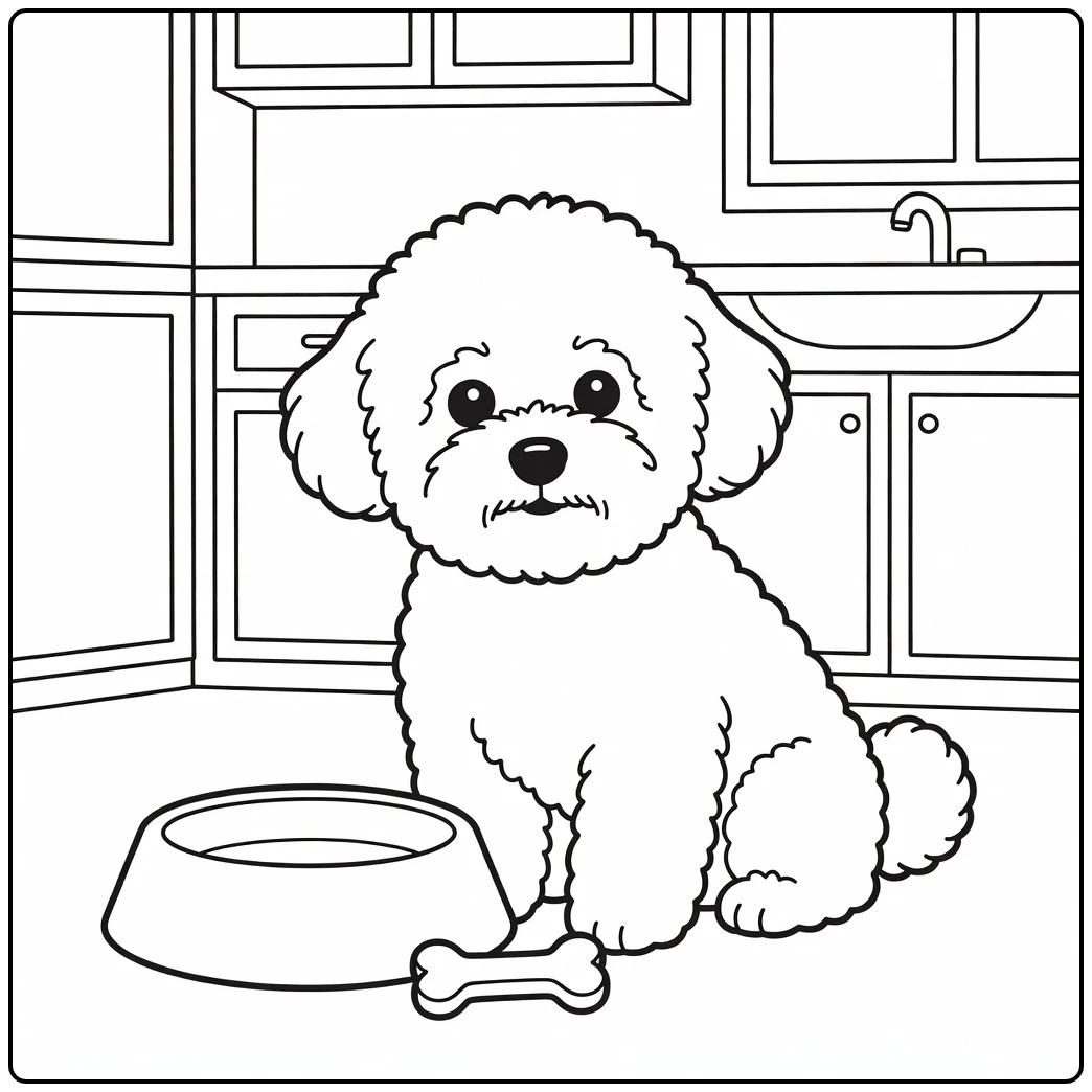 Curious bichon frise coloring page in a kitchen with a treat.