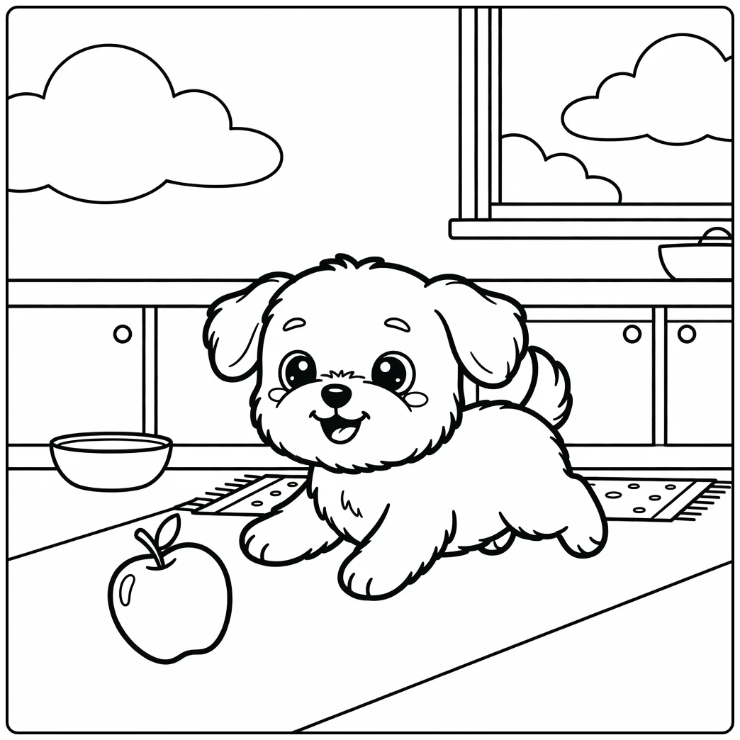 A playful puppy on a fun maltese coloring page chasing an apple.