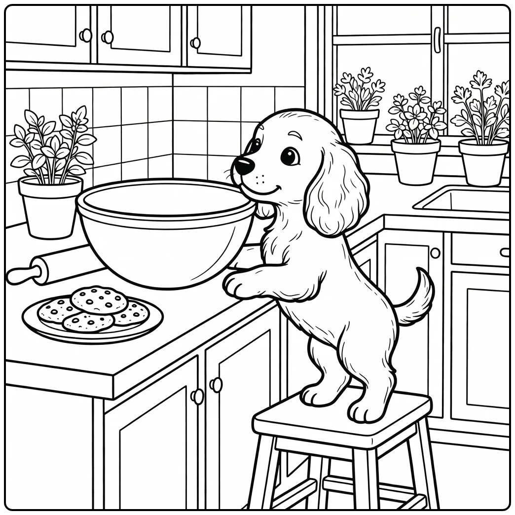 A curious puppy on a stool cocker spaniel coloring page scene.