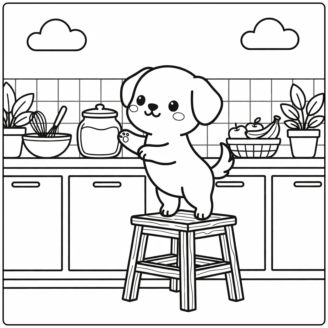 A mischievous chibi dog coloring page with a pup on a stool.