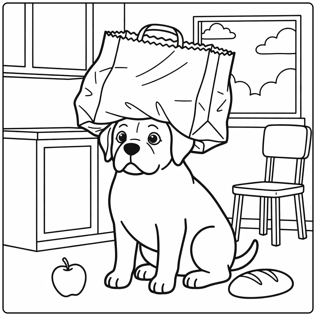 A funny english mastiff coloring page with its head in a bag.