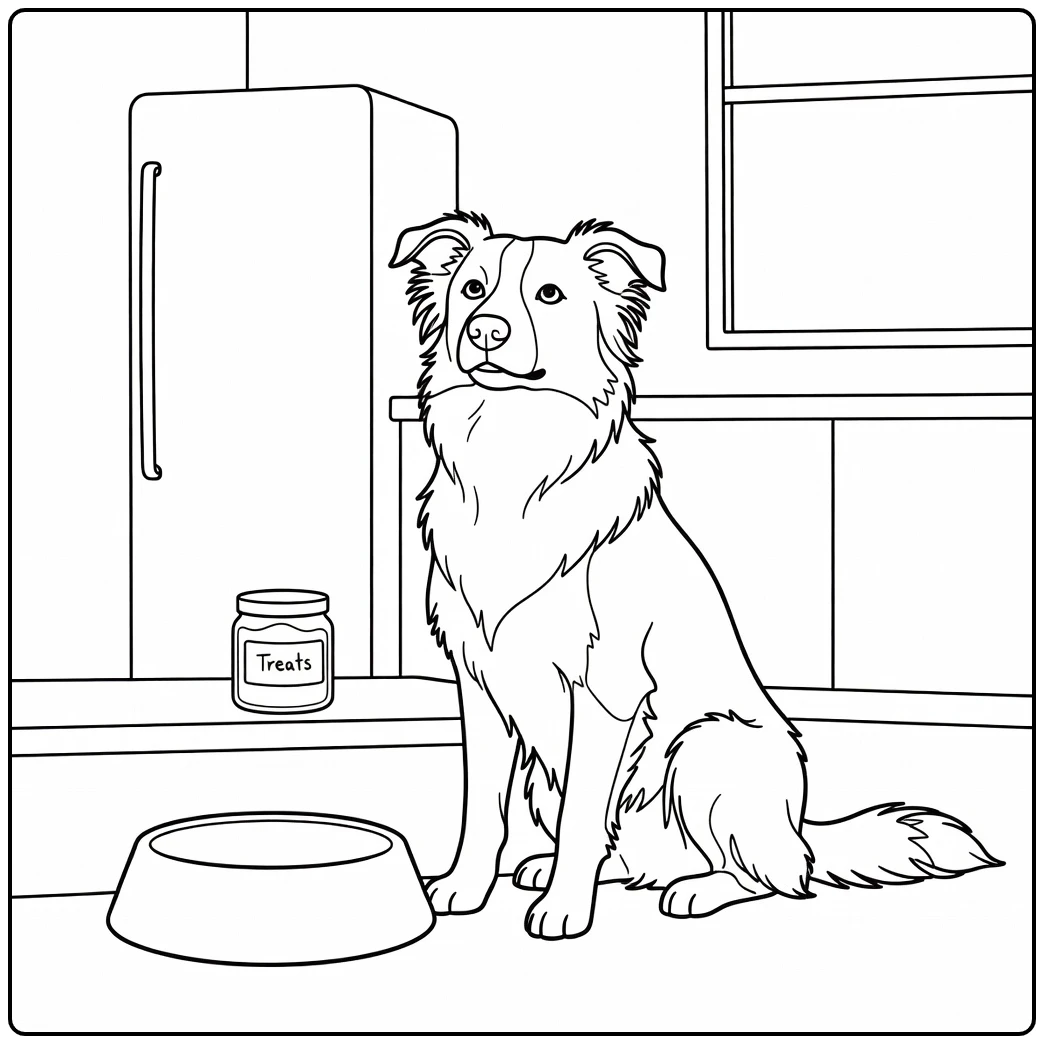 Polite border collie coloring page in kitchen, waiting for food.