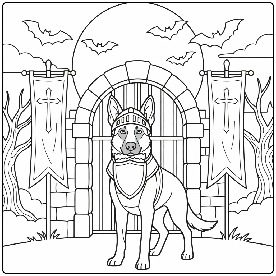 German Shepherd knight: a fun halloween dog coloring page.