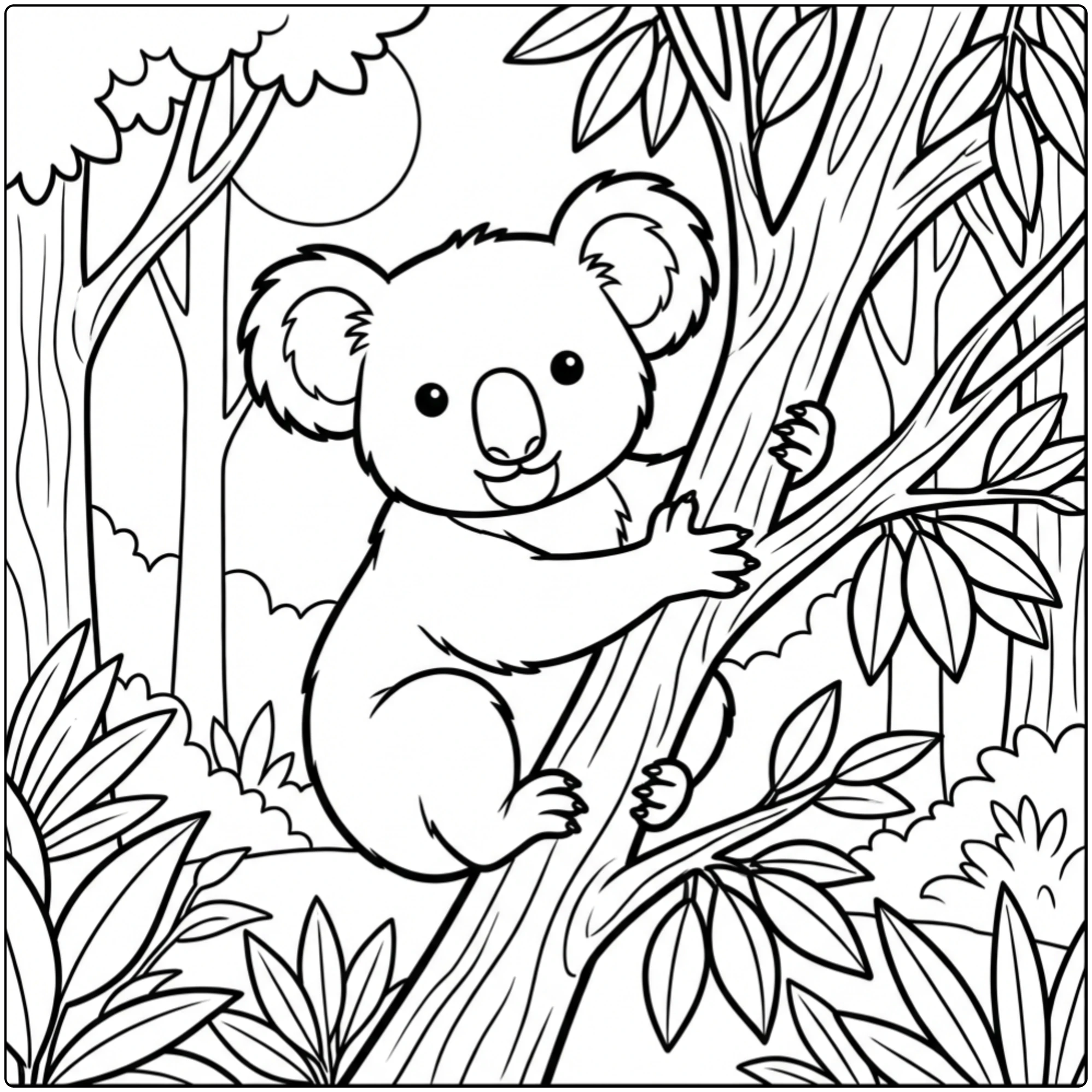 Animal coloring page of a koala on a leafy branch.