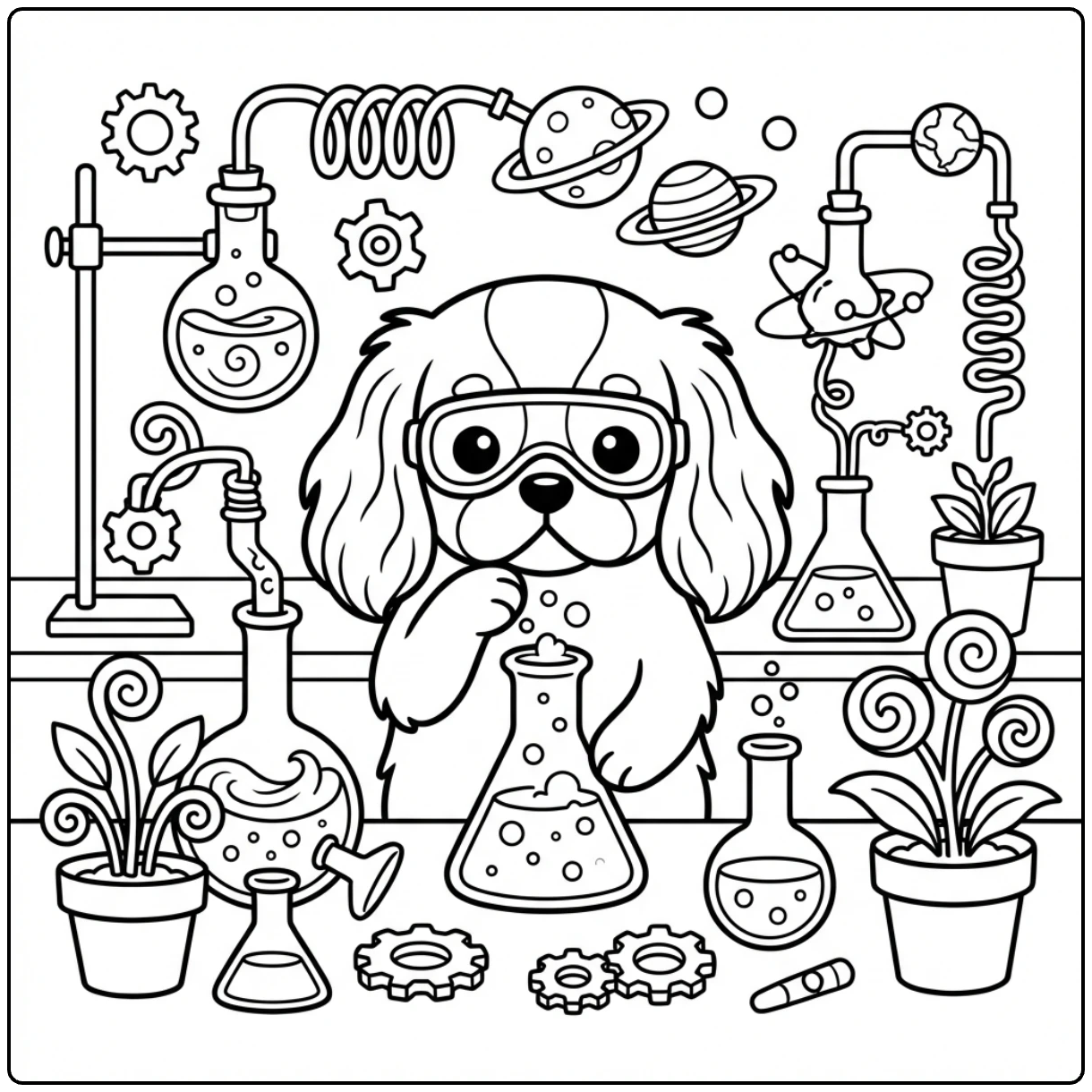 Scientist Cavalier King Charles Spaniel coloring page art.