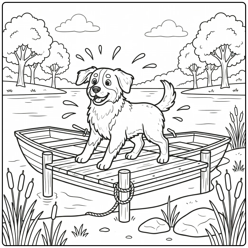A fun bernese mountain dog coloring page shaking water on a dock.