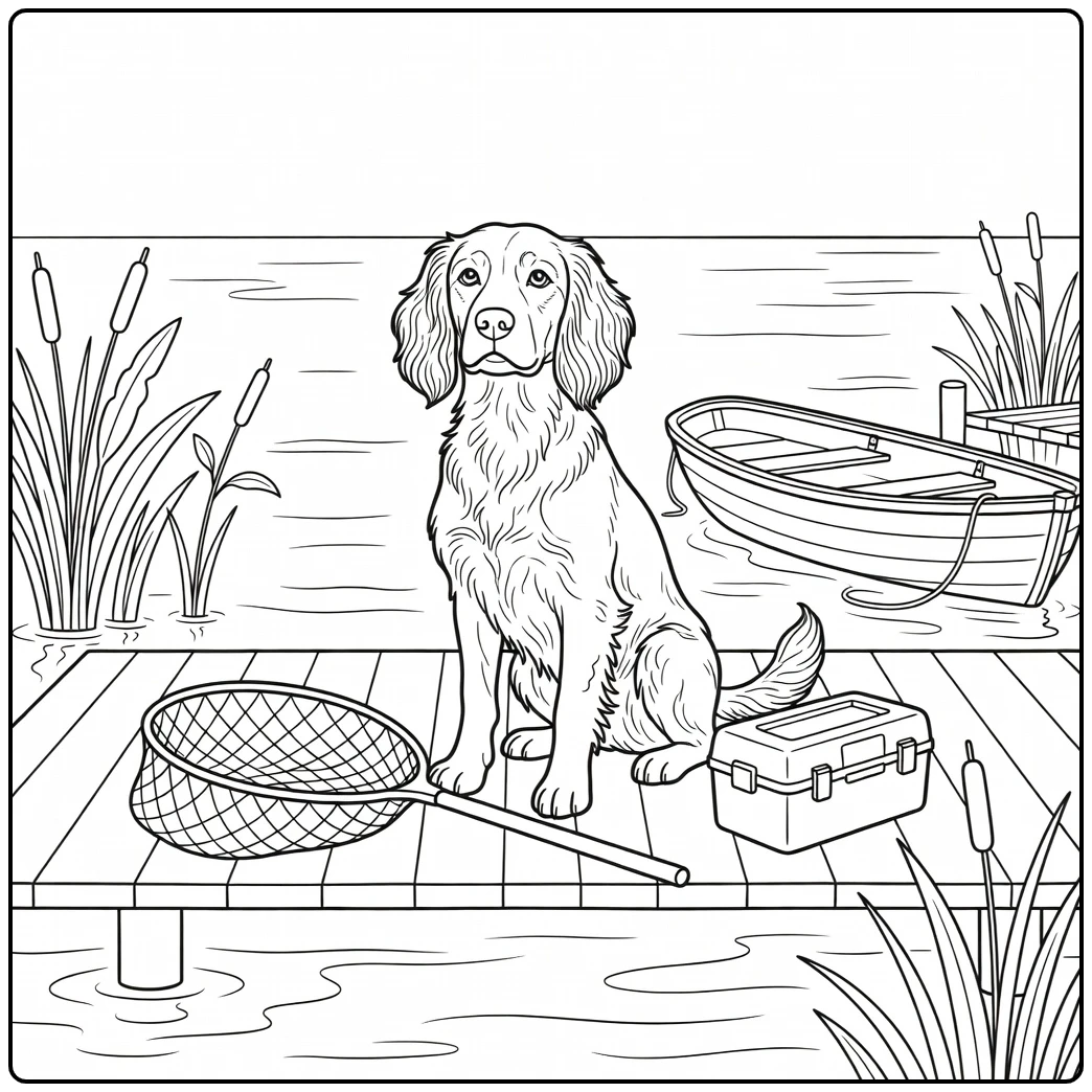 Proud springer spaniel coloring page by a lakeside dock, ready for fishing.
