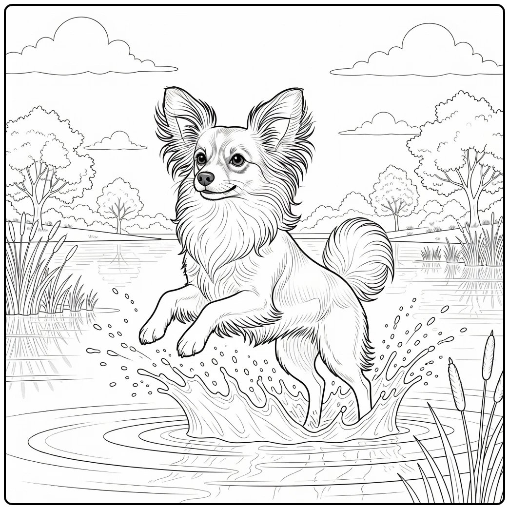 A joyful Papillon dog mid-leap in water, a papillon coloring page.