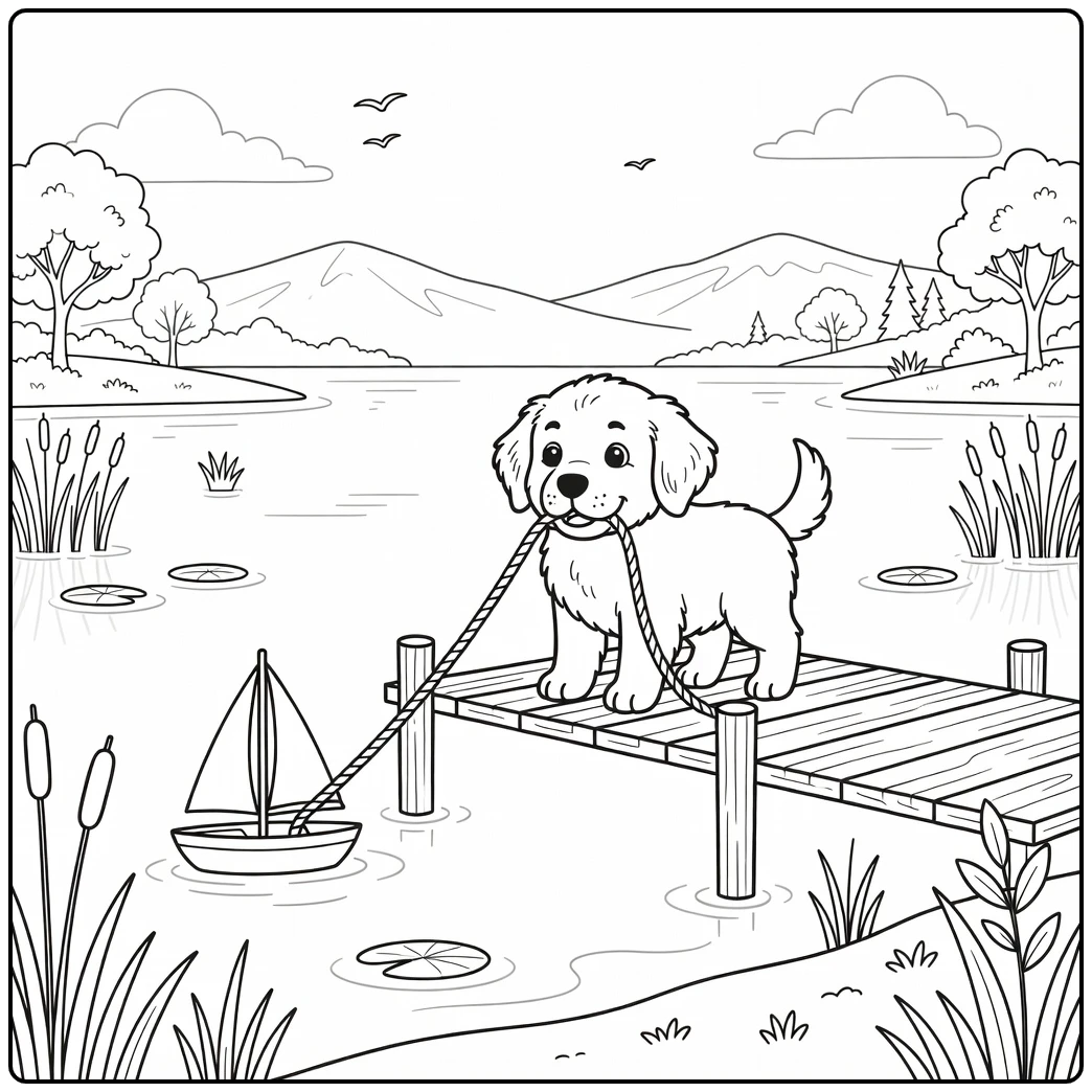 Brave Newfoundland puppy rescue; a cute dog coloring page.