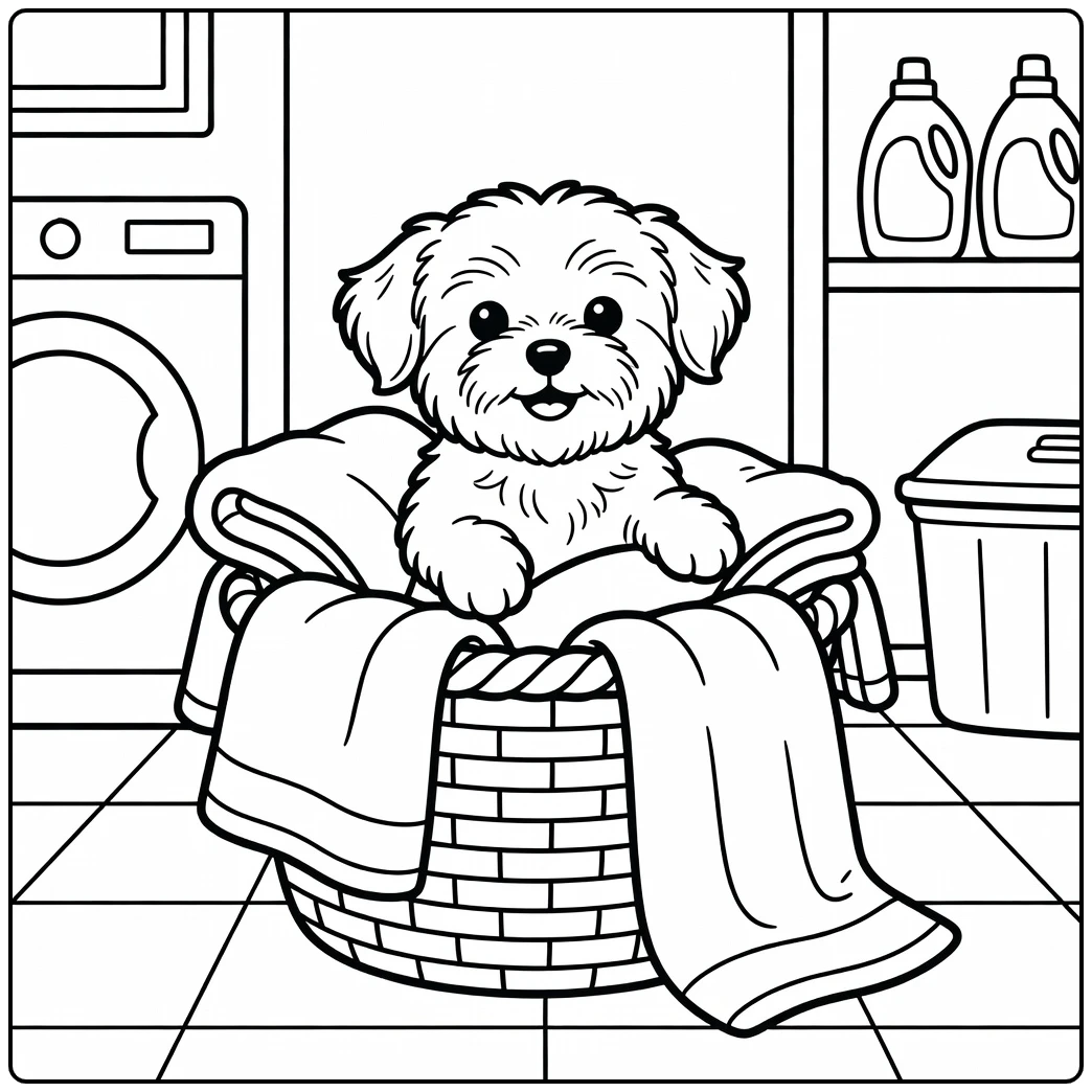 A fluffy puppy in a laundry basket maltese coloring page scene.