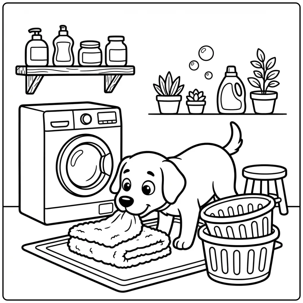 Cute Dog coloring page sniffing a towel by laundry baskets.