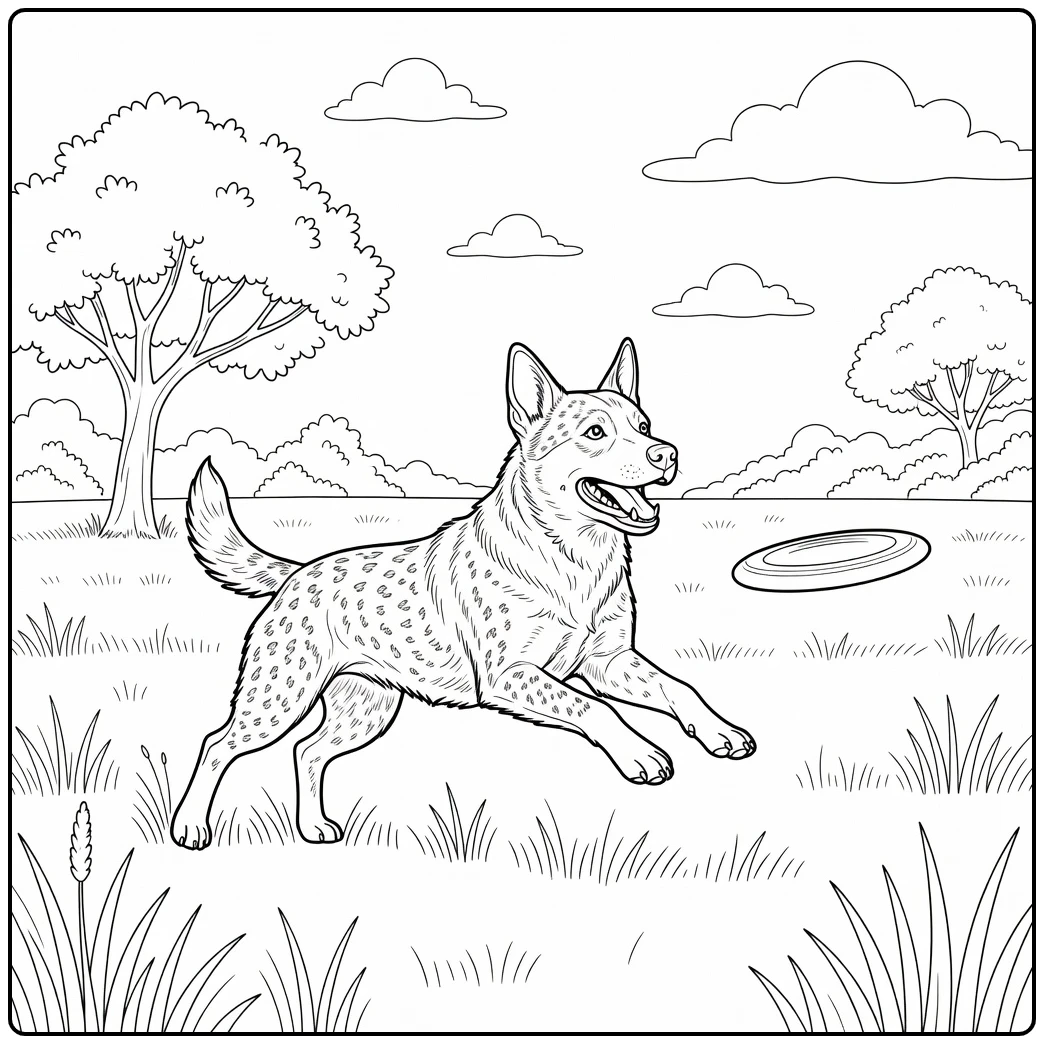 An active australian cattle dog coloring page chasing a frisbee.