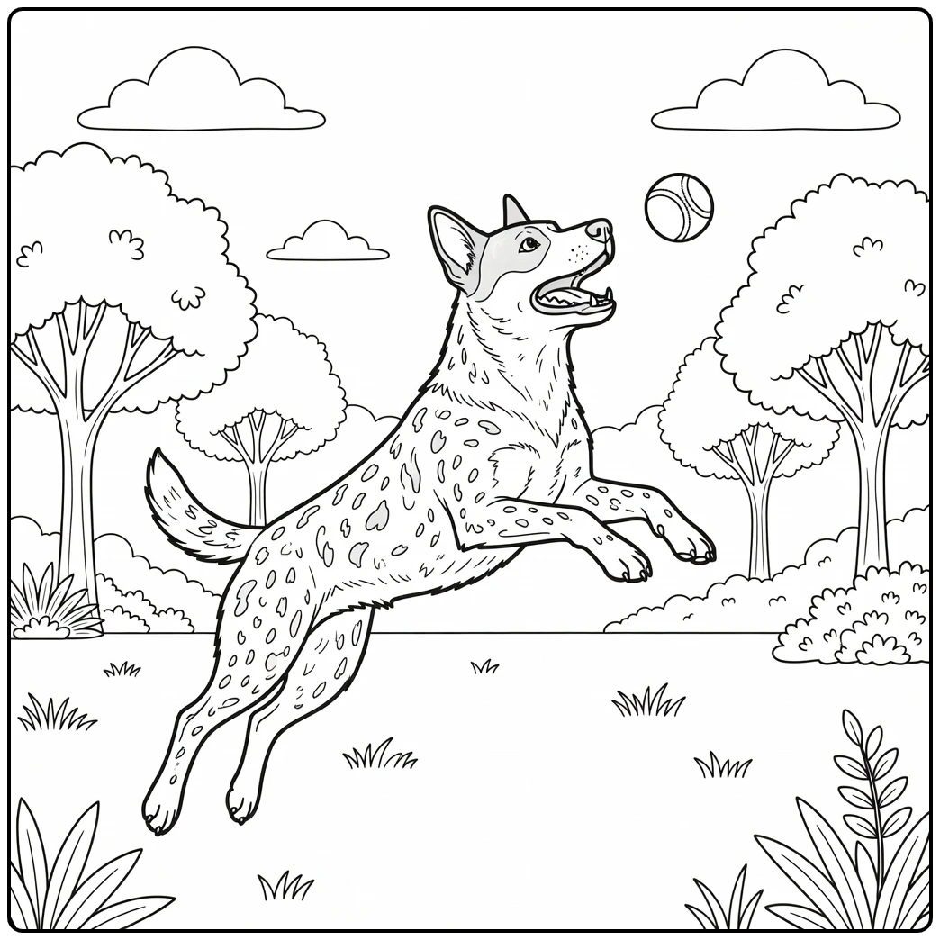 An athletic australian cattle dog coloring page with a dog jumping for a ball.