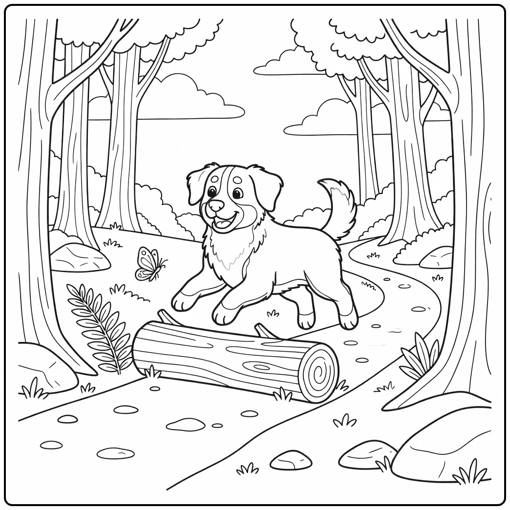 A cute bernese mountain dog coloring page of a dog jumping a log.