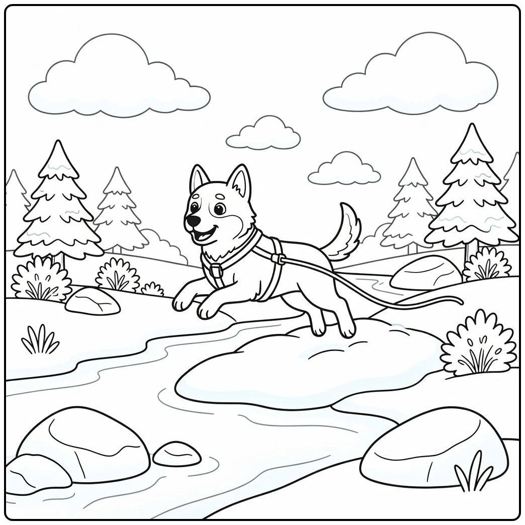 A happy cartoon sled dog coloring page showing a leap in snow.